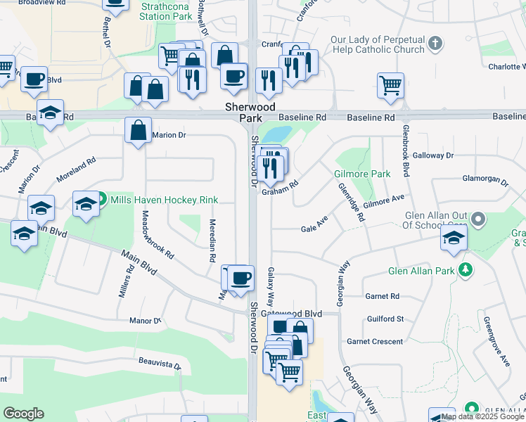 map of restaurants, bars, coffee shops, grocery stores, and more near 50 Galaxy Way in Sherwood Park