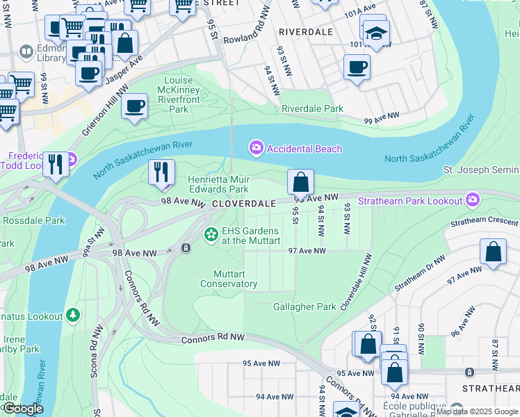 map of restaurants, bars, coffee shops, grocery stores, and more near 98 98 Avenue Northwest in Edmonton