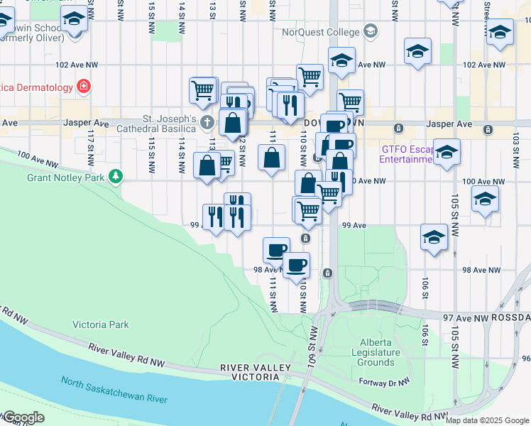 map of restaurants, bars, coffee shops, grocery stores, and more near 9922 111 Street Northwest in Edmonton