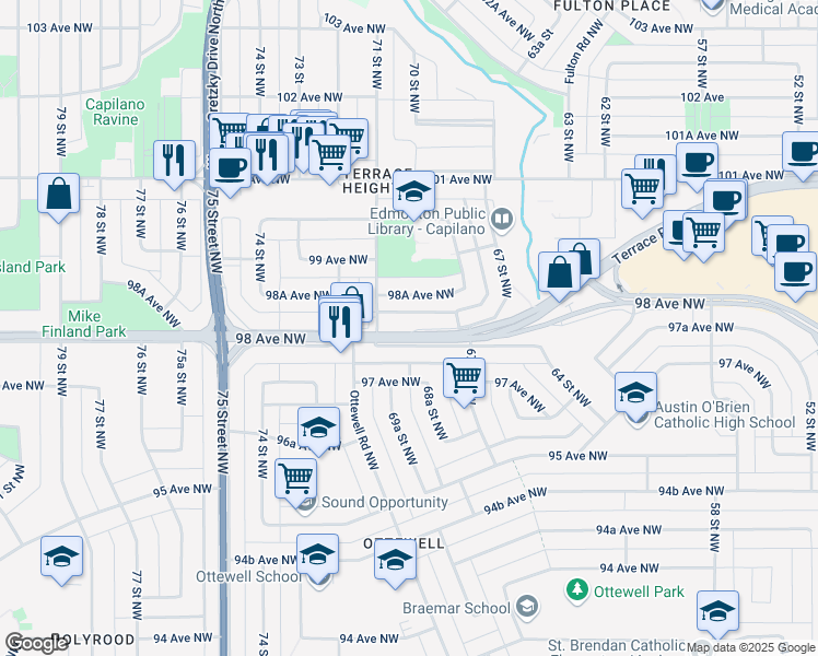 map of restaurants, bars, coffee shops, grocery stores, and more near 7004 98 Avenue Northwest in Edmonton