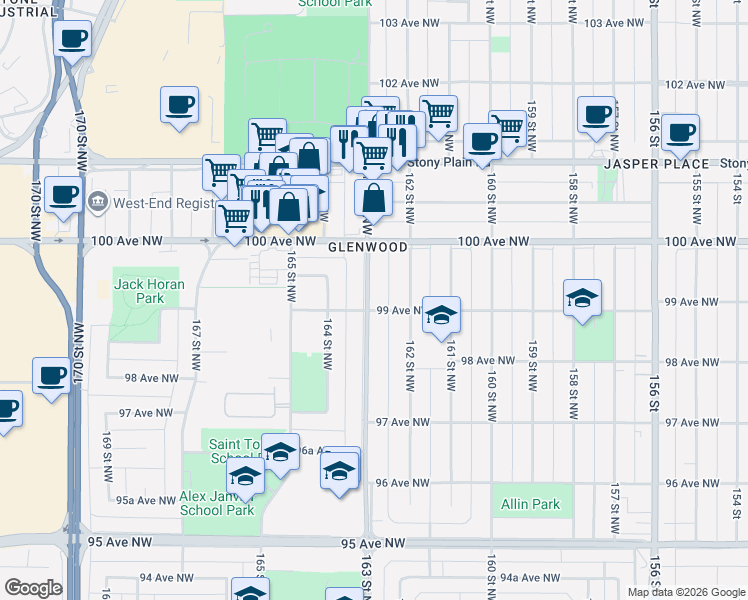 map of restaurants, bars, coffee shops, grocery stores, and more near 9909 163 Street Northwest in Edmonton