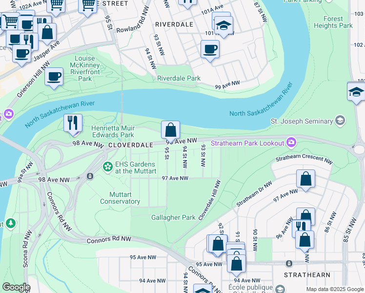 map of restaurants, bars, coffee shops, grocery stores, and more near in Edmonton