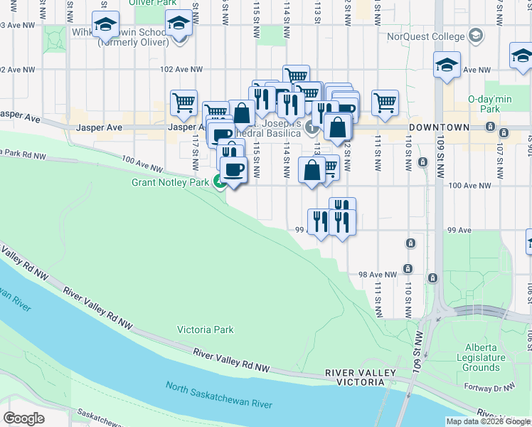 map of restaurants, bars, coffee shops, grocery stores, and more near 9915 115 Street Northwest in Edmonton