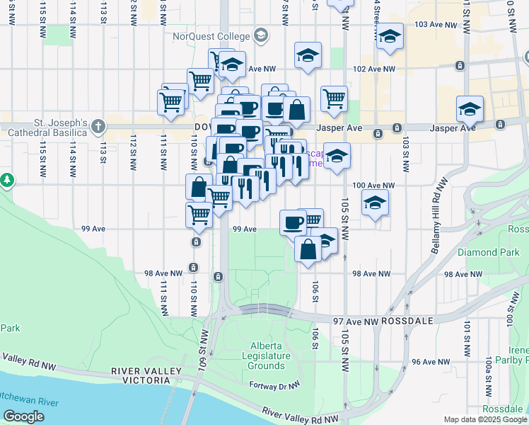 map of restaurants, bars, coffee shops, grocery stores, and more near 9929 108 Street Northwest in Edmonton