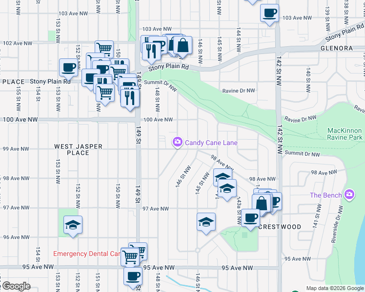 map of restaurants, bars, coffee shops, grocery stores, and more near 9903 147 Street Northwest in Edmonton