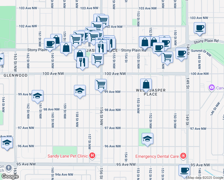 map of restaurants, bars, coffee shops, grocery stores, and more near 15502 99 Avenue Northwest in Edmonton
