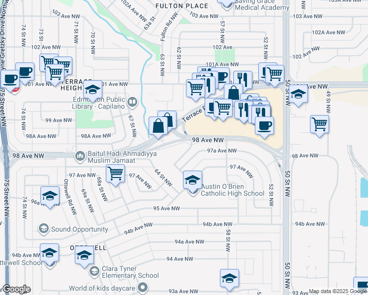 map of restaurants, bars, coffee shops, grocery stores, and more near 6103 98 Avenue Northwest in Edmonton