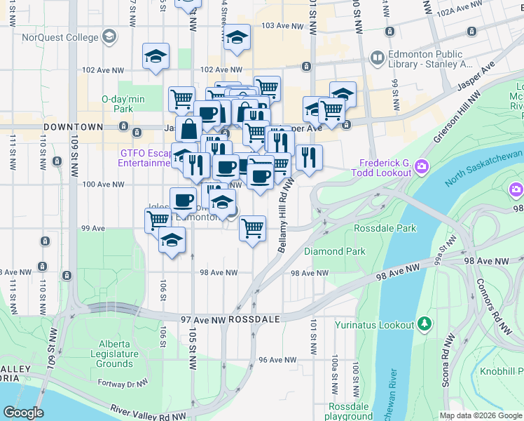 map of restaurants, bars, coffee shops, grocery stores, and more near 9927 103 Street Northwest in Edmonton