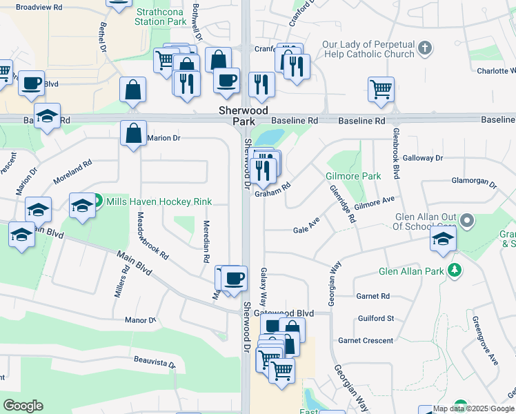 map of restaurants, bars, coffee shops, grocery stores, and more near 50 Galaxy Way in Sherwood Park