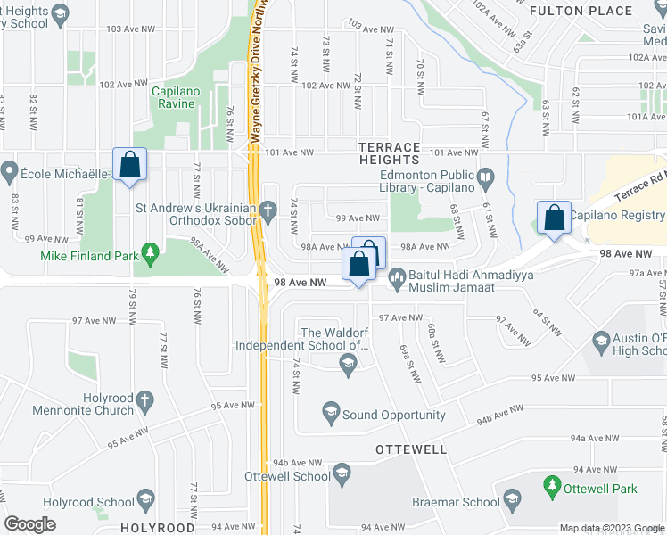 map of restaurants, bars, coffee shops, grocery stores, and more near 7220 98 Avenue Northwest in Edmonton