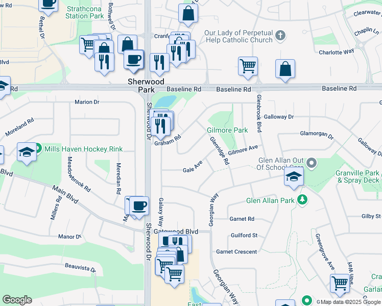 map of restaurants, bars, coffee shops, grocery stores, and more near 16 Garfield Crescent in Sherwood Park