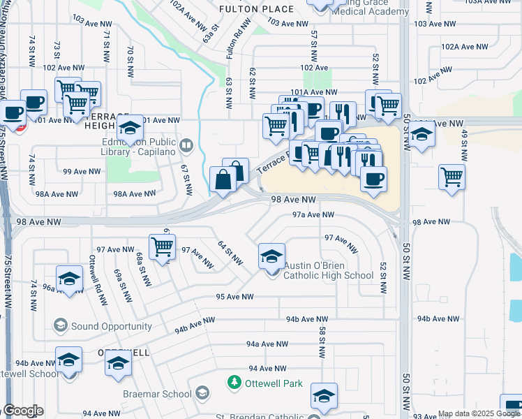 map of restaurants, bars, coffee shops, grocery stores, and more near 6103 98 Avenue Northwest in Edmonton