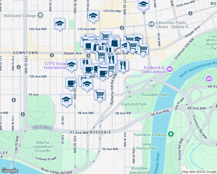 map of restaurants, bars, coffee shops, grocery stores, and more near 9930 Bellamy Hill Road Northwest in Edmonton