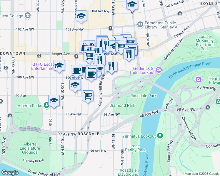map of restaurants, bars, coffee shops, grocery stores, and more near 9945 Bellamy Hill Road Northwest in Edmonton