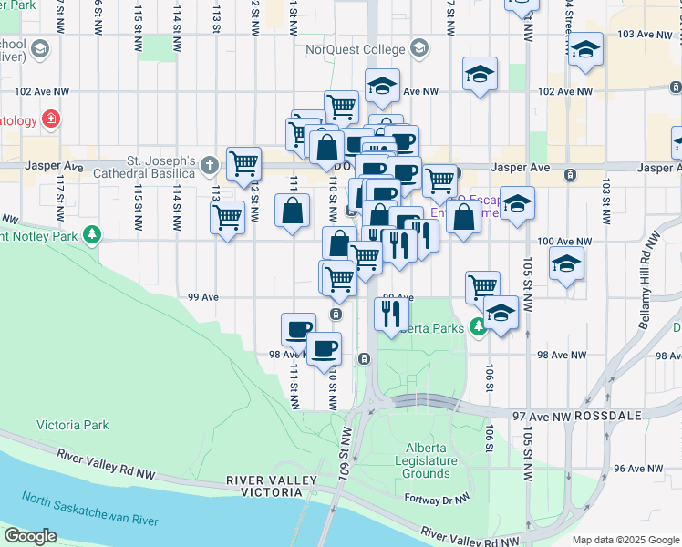 map of restaurants, bars, coffee shops, grocery stores, and more near 9917 110 Street Northwest in Edmonton