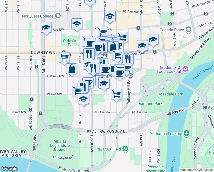 map of restaurants, bars, coffee shops, grocery stores, and more near in Edmonton