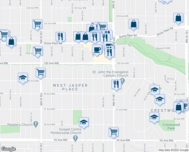 map of restaurants, bars, coffee shops, grocery stores, and more near 9909 151 Street Northwest in Edmonton