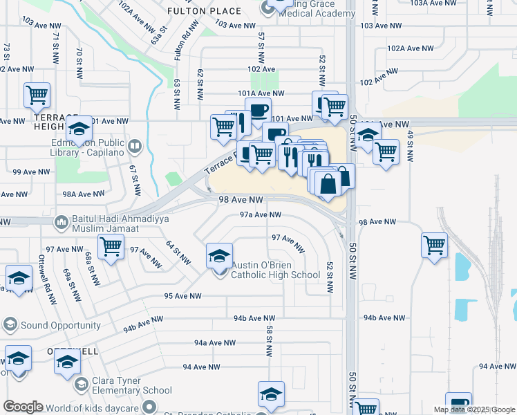 map of restaurants, bars, coffee shops, grocery stores, and more near 9712 57 Street Northwest in Edmonton