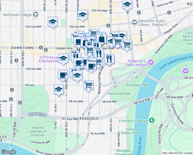map of restaurants, bars, coffee shops, grocery stores, and more near 9930 Bellamy Hill Road Northwest in Edmonton