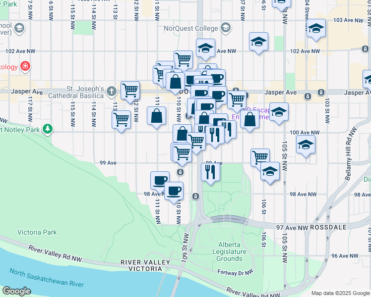 map of restaurants, bars, coffee shops, grocery stores, and more near 9902 109 Street Northwest in Edmonton