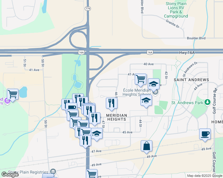 map of restaurants, bars, coffee shops, grocery stores, and more near 12 Meridian Loop in Stony Plain