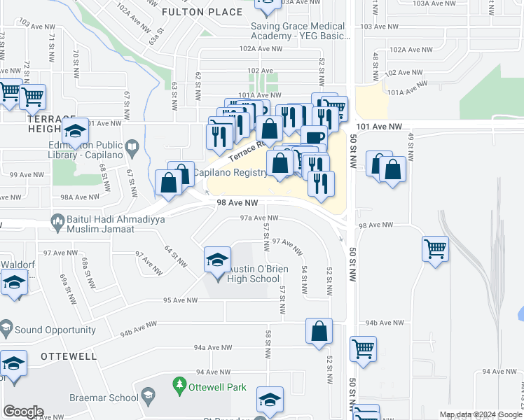 map of restaurants, bars, coffee shops, grocery stores, and more near 9712 57 Street Northwest in Edmonton