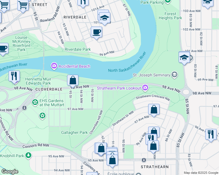 map of restaurants, bars, coffee shops, grocery stores, and more near 9105 98 Avenue Northwest in Edmonton
