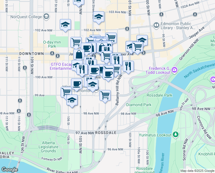 map of restaurants, bars, coffee shops, grocery stores, and more near 9927 103 Street Northwest in Edmonton