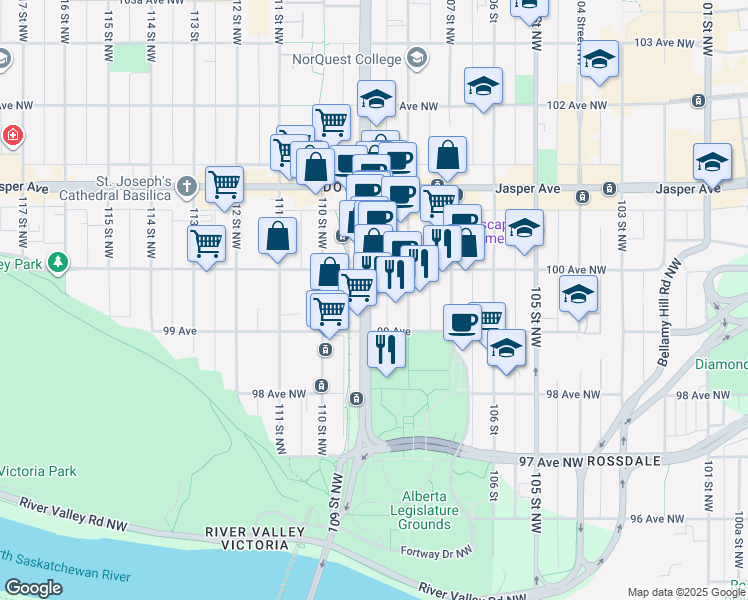 map of restaurants, bars, coffee shops, grocery stores, and more near 9929 109 Street Northwest in Edmonton