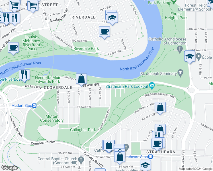 map of restaurants, bars, coffee shops, grocery stores, and more near 9209 98 Avenue Northwest in Edmonton