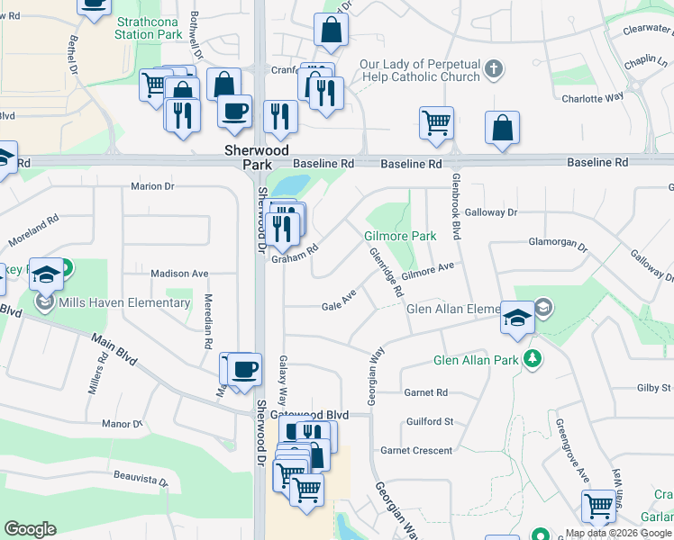 map of restaurants, bars, coffee shops, grocery stores, and more near 16 Garfield Crescent in Sherwood Park