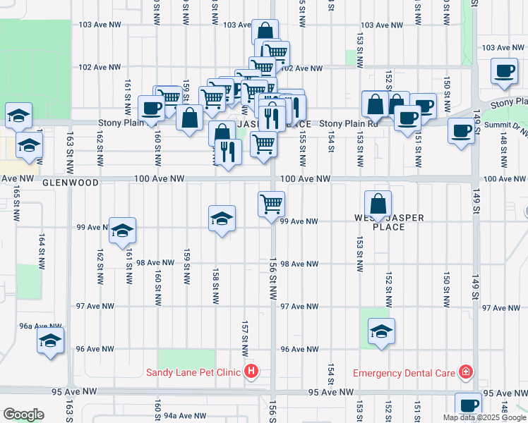map of restaurants, bars, coffee shops, grocery stores, and more near 9916 156 Street Northwest in Edmonton