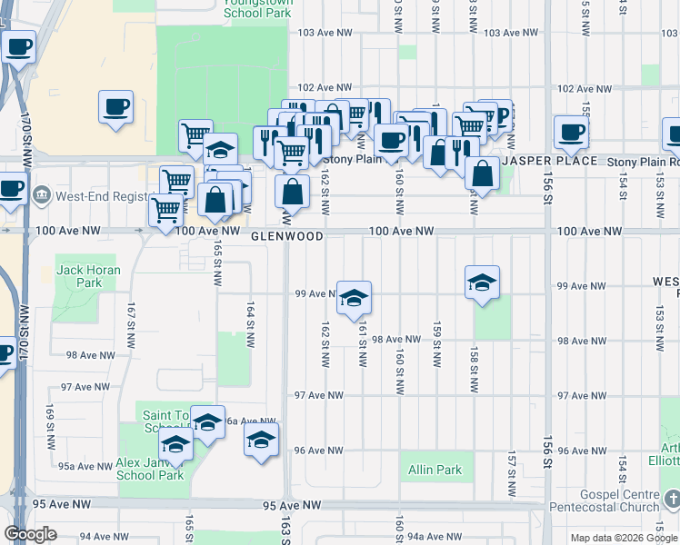map of restaurants, bars, coffee shops, grocery stores, and more near 9910 161 Street Northwest in Edmonton