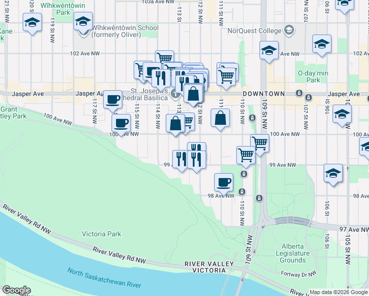 map of restaurants, bars, coffee shops, grocery stores, and more near 9929 113 Street in Edmonton