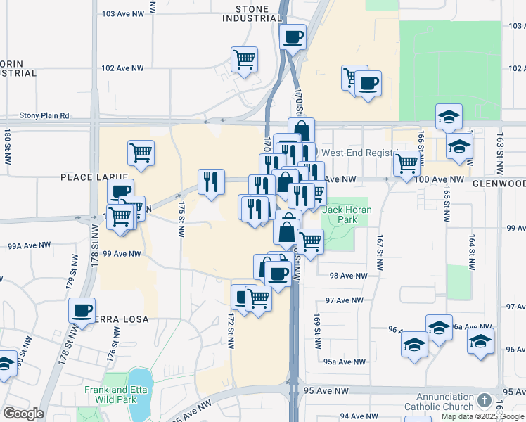 map of restaurants, bars, coffee shops, grocery stores, and more near 17115 100 Avenue Northwest in Edmonton