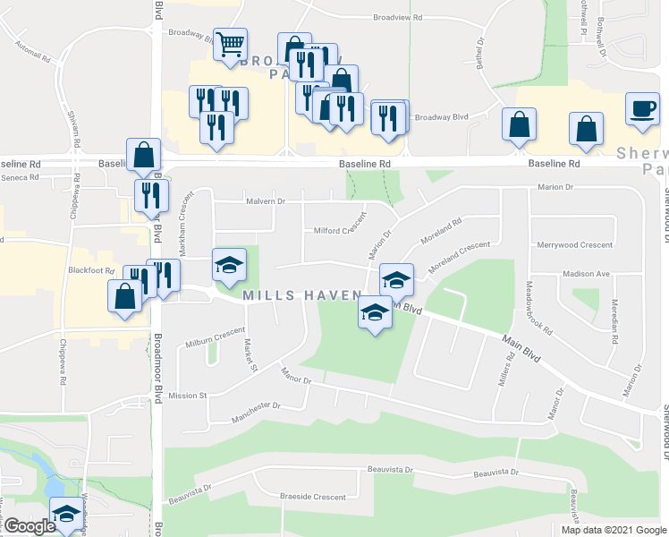 map of restaurants, bars, coffee shops, grocery stores, and more near 12 Melrose Crescent in Sherwood Park