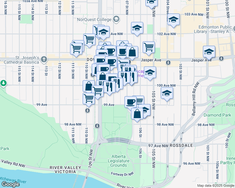 map of restaurants, bars, coffee shops, grocery stores, and more near 9929 108 Street Northwest in Edmonton