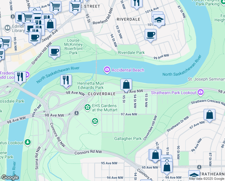 map of restaurants, bars, coffee shops, grocery stores, and more near 98 98 Avenue Northwest in Edmonton