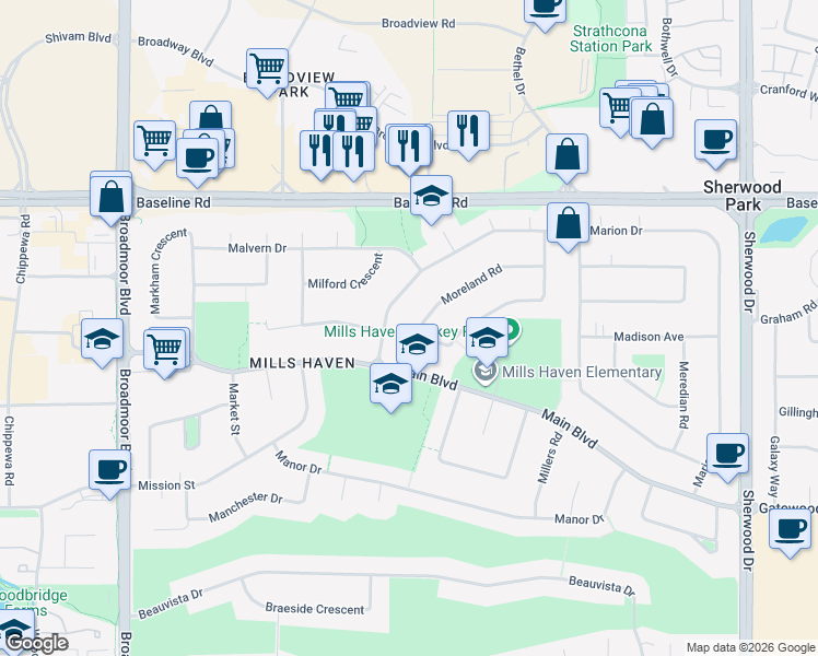 map of restaurants, bars, coffee shops, grocery stores, and more near 1 Moreland Road in Sherwood Park