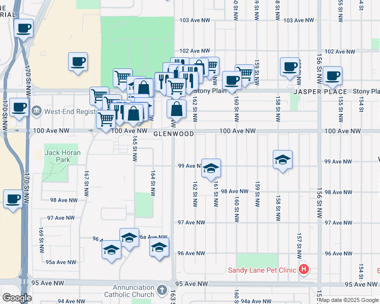 map of restaurants, bars, coffee shops, grocery stores, and more near 9922 162 Street Northwest in Edmonton