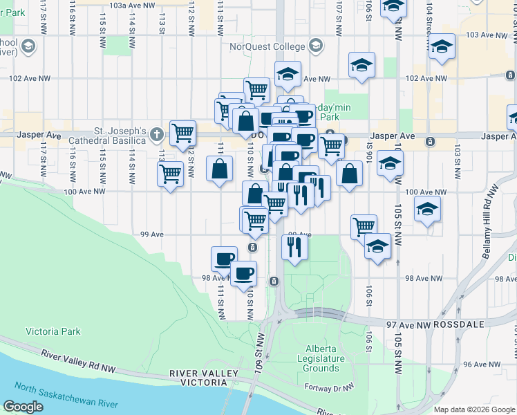 map of restaurants, bars, coffee shops, grocery stores, and more near 9933 110 Street Northwest in Edmonton