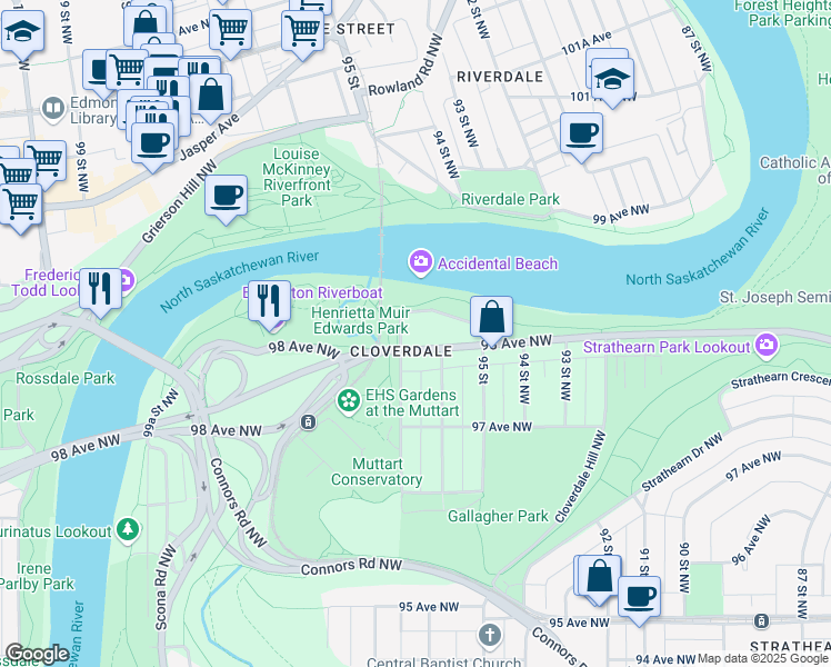 map of restaurants, bars, coffee shops, grocery stores, and more near in Edmonton