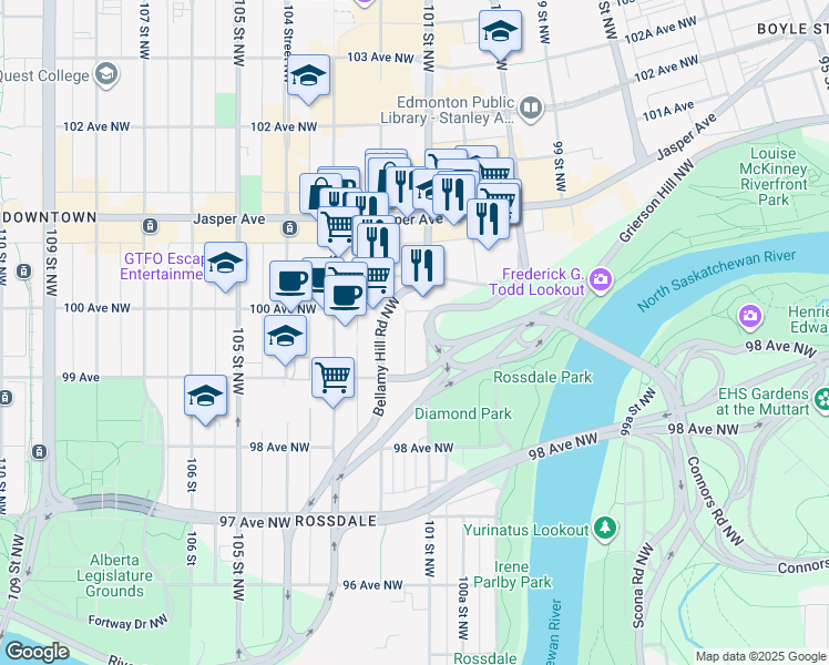 map of restaurants, bars, coffee shops, grocery stores, and more near 10001 Bellamy Hill Road Northwest in Edmonton