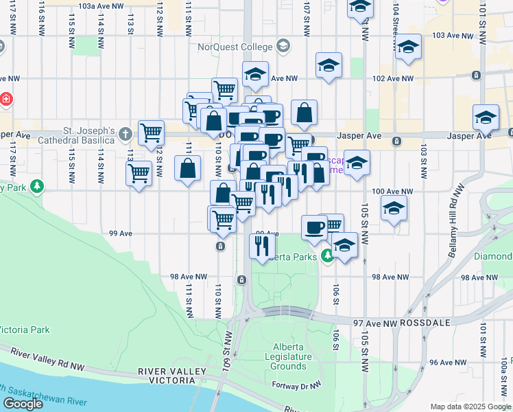 map of restaurants, bars, coffee shops, grocery stores, and more near 9929 109 Street Northwest in Edmonton