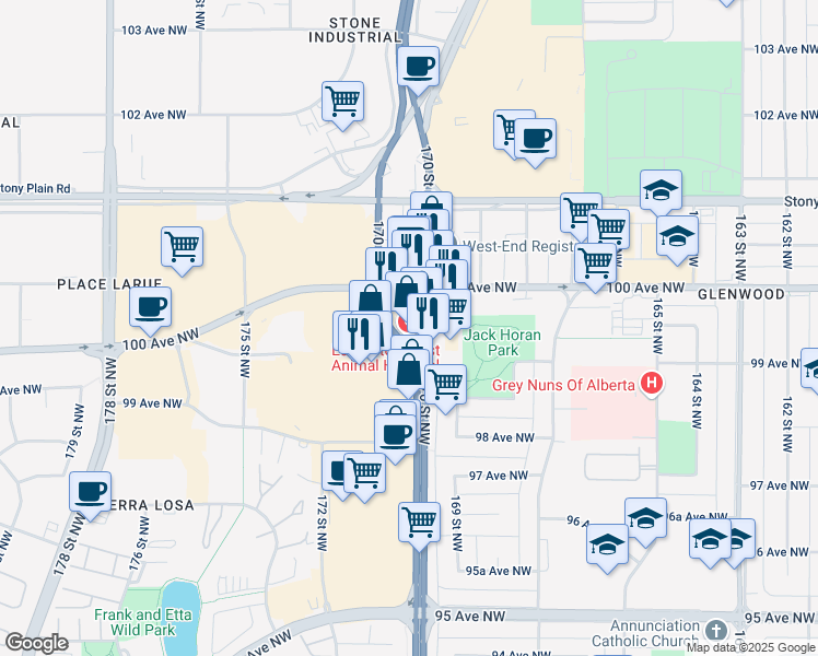 map of restaurants, bars, coffee shops, grocery stores, and more near 9942 170 Street Northwest in Edmonton