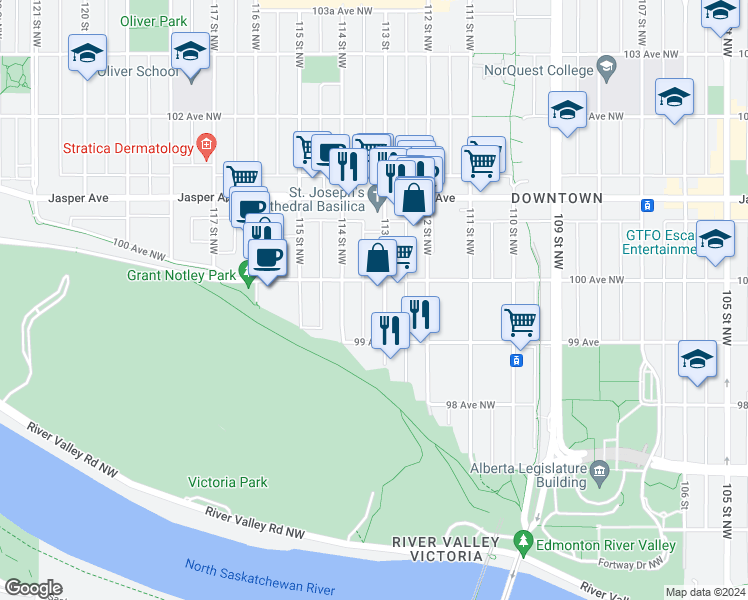 map of restaurants, bars, coffee shops, grocery stores, and more near 11326 99 Avenue in Edmonton