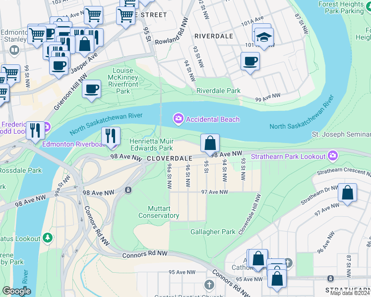 map of restaurants, bars, coffee shops, grocery stores, and more near 98 98 Avenue Northwest in Edmonton