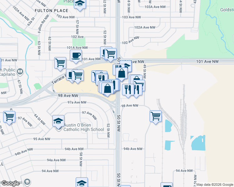 map of restaurants, bars, coffee shops, grocery stores, and more near 50 50 Street Northwest in Edmonton