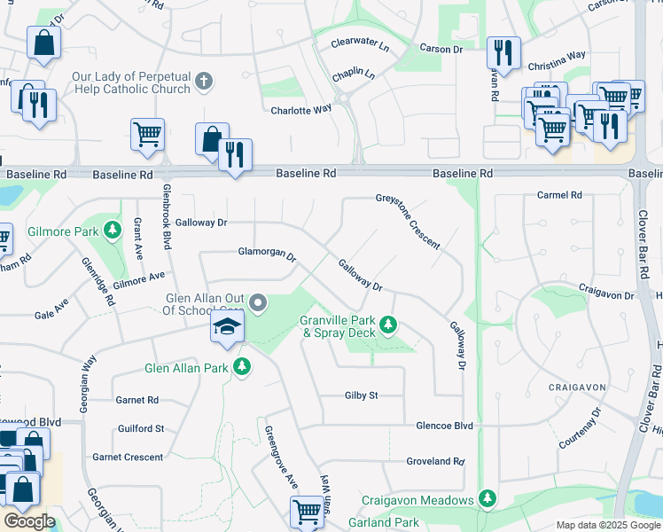 map of restaurants, bars, coffee shops, grocery stores, and more near 65 Galloway Drive in Sherwood Park
