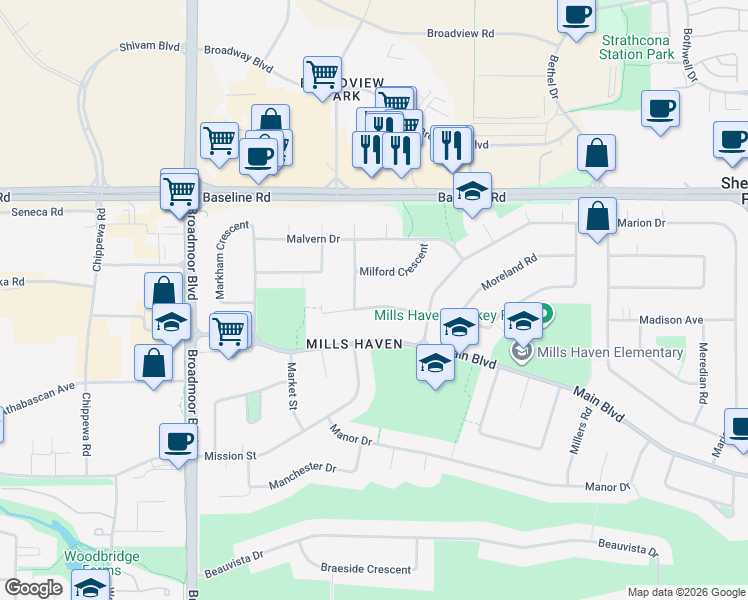map of restaurants, bars, coffee shops, grocery stores, and more near 12 Melrose Crescent in Sherwood Park